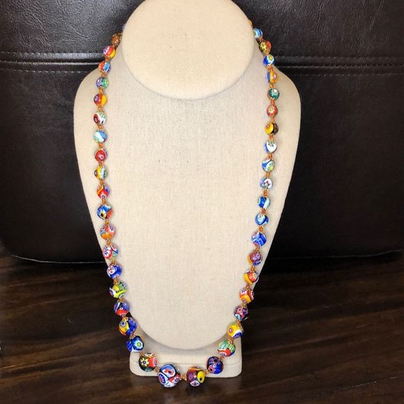 VINTAGE Graduated Millefiori Italian Hand Blown Glass Bead Necklace 24” - Picture 10 of 15